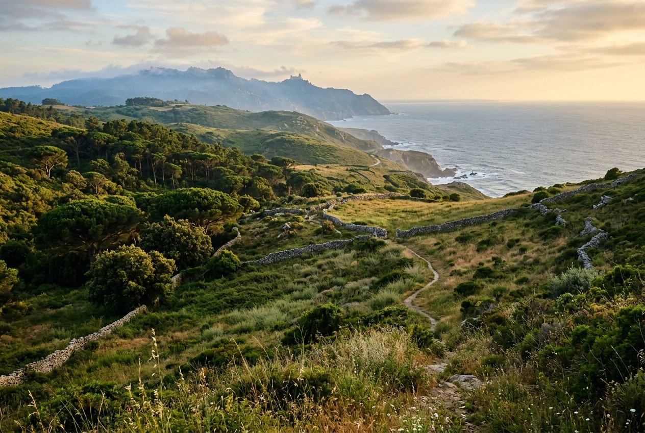 Wild coastal land near Sintra at golden hour, descending toward the Atlantic